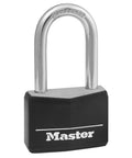 Close-up of a black covered aluminum lock with key for gym lockers and outdoor use, showing long shackle ideal for gates and fences.