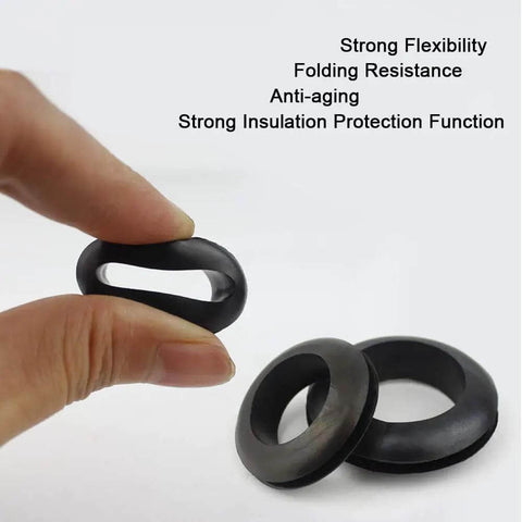 Close-up of rubber grommets showing flexibility. Rubber Grommets For Wiring 1-1/2 In Panel Hole With 1-3/8 In Inner Diameter