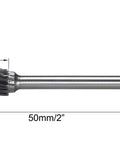 Side view of Double Cut Cylindrical Ball Nose Tungsten Carbide Rotary Burr with measurements, 6mm diameter, 1/8in shank, 2in length
