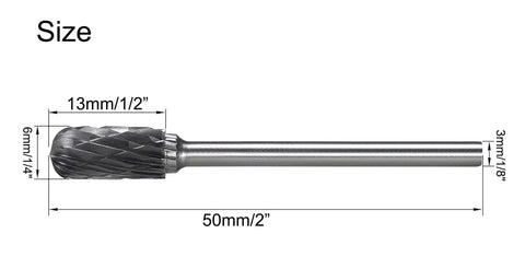 Side view of Double Cut Cylindrical Ball Nose Tungsten Carbide Rotary Burr with measurements, 6mm diameter, 1/8in shank, 2in length