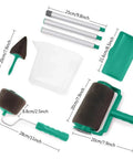 Six Piece Pour And Go Paint Roller Set Featuring Leak Proof Lid Drip Free Design with foam roller, angled tool, and tray.