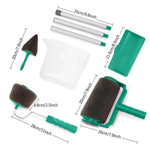 Six Piece Pour And Go Paint Roller Set Featuring Leak Proof Lid Drip Free Design with foam roller, angled tool, and tray.
