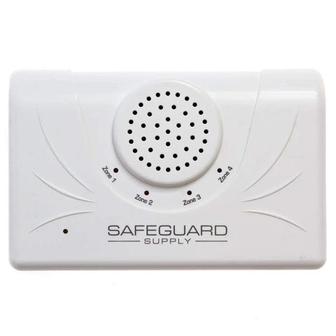 Extra Loud Wireless Doorbell Kit With 120dB Siren for busy warehouses, featuring a multifunction transmitter with zone indicators.