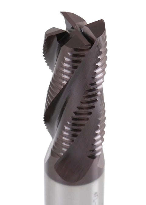 Close-up of TiAlN-coated roughing end mill; 3/4 in diameter, M42 cobalt.