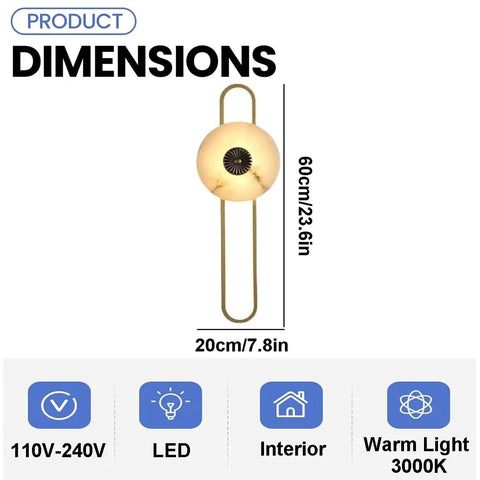 Product dimensions of Marble Wall Mount Light With Copper Finish Wabi Sabi Natural Stone Sconce For Bedroom Living Room Entryway Or Workshop LED Wall Lamp In Spanish Style With Chinese Inspired Modern Look And A Cozy Vibe, 60cm x 20cm