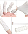 Top Shelf Anti Static Fingertip Protectors White Latex Finger Cots No Sweat Safety Gloves For Electronics Repair Painting Manicures And Cleanroom Jobs Approximately Eight Hundred Pieces on fingers showing flexible design.