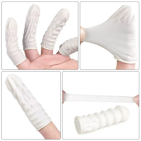 Top Shelf Anti Static Fingertip Protectors White Latex Finger Cots No Sweat Safety Gloves For Electronics Repair Painting Manicures And Cleanroom Jobs Approximately Eight Hundred Pieces on fingers showing flexible design.