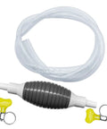 No Sweat Manual Car Fluid Siphon Pump with grey bulb, clear PVC tube, and yellow clips for hassle-free fuel transfer.