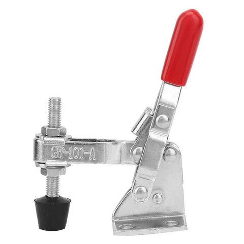 Heavy Duty Vertical Toggle Clamp Quick Release Handle For Welding with zinc plated steel frame and red handle.