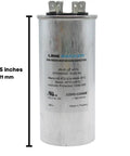 Dual Run Start Capacitor 45/5 MFD 370/440 VAC CBB65B shown with height measurement in inches and mm