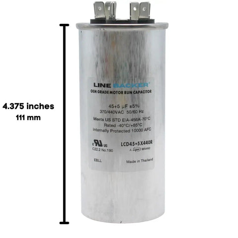 Dual Run Start Capacitor 45/5 MFD 370/440 VAC CBB65B shown with height measurement in inches and mm