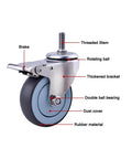 Diagram of Heavy Duty Swivel Caster Wheels With Brakes For Furniture And Workbench Carts, showing threaded stem and rubber material.