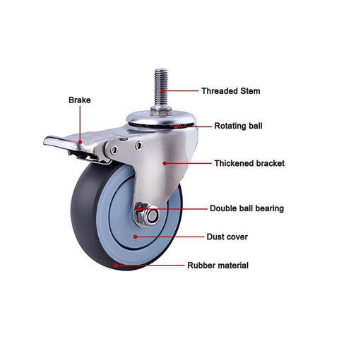 Diagram of Heavy Duty Swivel Caster Wheels With Brakes For Furniture And Workbench Carts, showing threaded stem and rubber material.