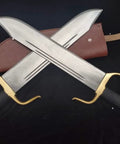 Bart Cham Dao Damascus Steel Hand Made Sword With Brown Leather Sheath for Wing Chun Practice, crossed blades on display