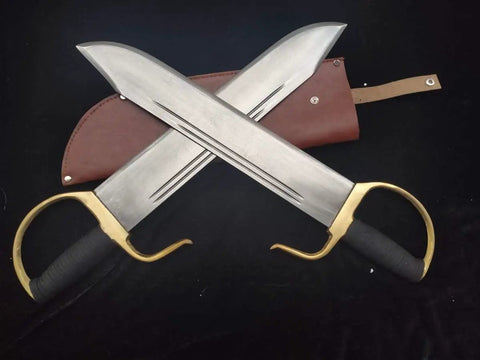 Bart Cham Dao Damascus Steel Hand Made Sword With Brown Leather Sheath for Wing Chun Practice, crossed blades on display