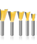 Shop Tested Six Piece Dovetail Router Bit Set Featuring One Quarter Inch Shank And Cutting Widths Spanning A Quarter To Seven Eighths Inches Crafted From Tough Tungsten Carbide For Knocking Out Tight Half Blind Woodworking Joints Dead On And Fast. Set of 6 carbide router bits with quarter inch shanks and yellow-tipped cutting edges.