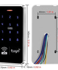 Front and back view of Waterproof Access Control Keypad For Home Security System With Tuya Smart Remote Unlock Corded Power Smartphone Compatible Includes 10 Silver Key Rings Compact 140x70x16mm Build No Fuss Setup For Easy Mounting.