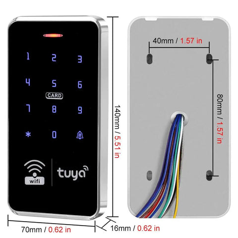 Front and back view of Waterproof Access Control Keypad For Home Security System With Tuya Smart Remote Unlock Corded Power Smartphone Compatible Includes 10 Silver Key Rings Compact 140x70x16mm Build No Fuss Setup For Easy Mounting.