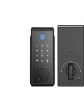 Slick Fingerprint Deadbolt Smart Keyless Entry Lock With Custom Keypad Codes And Heavy Duty Construction showing front and back view.
