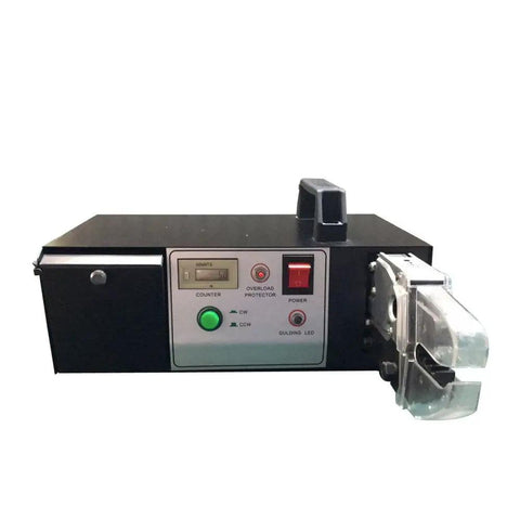 Heavy Hitter Wire Crimper For Insulated And Noninsulated Terminals With Quick Load Chute showing control panel and clear chute.