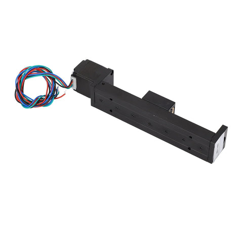 Side view of black linear slide stage actuator with NEMA 11 stepper motor, multi-color wires, and 100 mm travel.