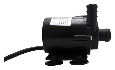 Quiet Brushless Submersible Sump Pump With Slick DC Motor And Easy USB Hookup For Smooth Operation and No Fuss. Side view of compact black pump.
