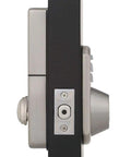Side view of Refurbished Keyless Electronic Deadbolt With Remote For Home Security Single Cylinder Smart Door Lock Easy Install Dope Convenience Ready To Go Right Now, showcasing the satin stainless steel finish and installation.