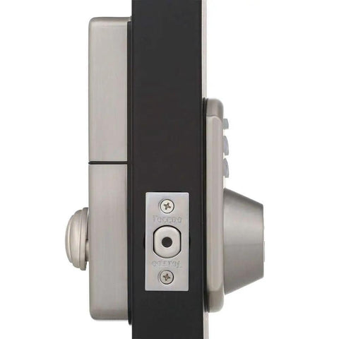 Side view of Refurbished Keyless Electronic Deadbolt With Remote For Home Security Single Cylinder Smart Door Lock Easy Install Dope Convenience Ready To Go Right Now, showcasing the satin stainless steel finish and installation.