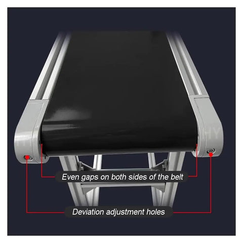 Adjustable Speed Belt Conveyor System With Lightweight Aluminum Alloy Frame showing PVC belt and adjustment holes for industrial use.