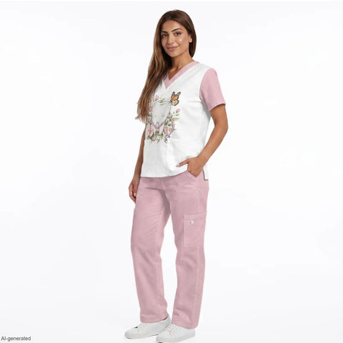 Woman modeling Stethoscope Teeth Print Scrubs Set for Women Pink Pants 2 Piece Nursing Uniform Featuring V Neck Top and Straight Leg Pants