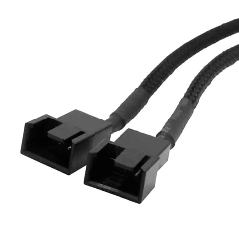 Close-up of 2 Pack 4 Pin To Dual 3 Pin And 4 Pin PWM PC Case Fan Splitter Cable For 12V Cooling, high density black sleeved Y connector.