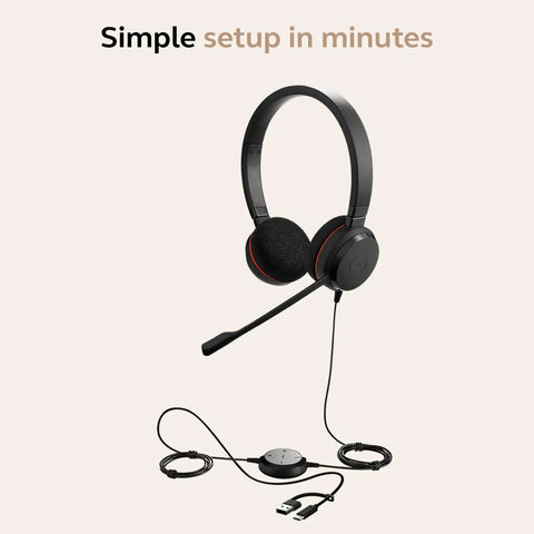 Evolve 20 Dual-Ear Wired Headset with USB-C USB-A connectors, black color, noise-canceling mic for office and home use