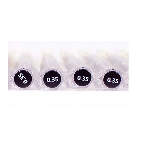 Close-up of Gel Ink Pen Extra Fine Point 0.35mm Ballpoint Black For Office, School, And Home Use, cap ends showing 0.35 label.