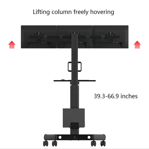 Heavy Duty Triple Monitor Rolling Cart With Flexible Arms And Integrated Keyboard Tray For A Beefy Workspace Setup shows adjustable height from 39.3 to 66.9 inches.