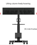 Triple Monitor Mobile Cart With Adjustable Arms And Keyboard Tray Floor Standing Screen Riser showing adjustable lifting column height from 39.3-66.9 inches.