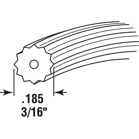 Diagram of 0.185 Inch Bulk Screen Spline Roll For Window Screens with serrated core, 250 Ft Extruded Vinyl Black Spline, DIY use.
