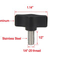 Four Piece Pack Of One Quarter Twenty By Half Inch Thumb Screws With Slick Black Aluminum Knobs and rust proof stainless steel coarse threads shown from above.