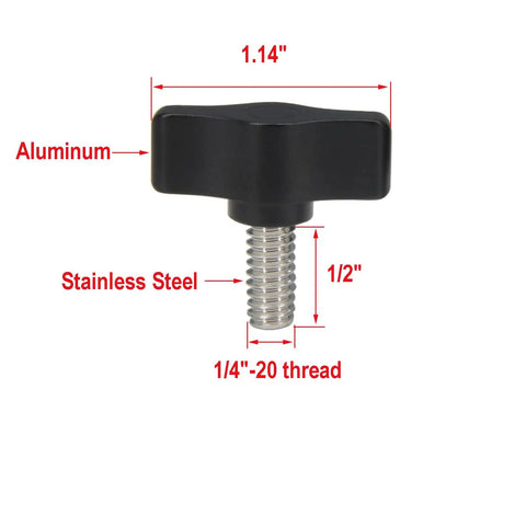Four Piece Pack Of One Quarter Twenty By Half Inch Thumb Screws With Slick Black Aluminum Knobs and rust proof stainless steel coarse threads shown from above.