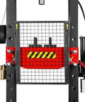 Front view of Beefy 30 Ton H Frame Air Hydraulic Shop Press with hand winch, pin kit, safety guard, and movable ram head.