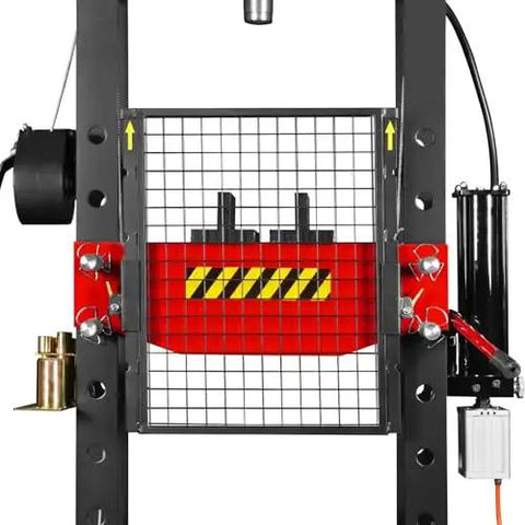 Front view of Beefy 30 Ton H Frame Air Hydraulic Shop Press with hand winch, pin kit, safety guard, and movable ram head.
