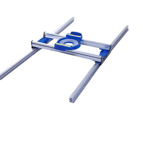 Safe Operation Slab Flattening Router Sled With Low Friction Pad for medium routers showing guide rail system on white background.