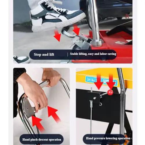 Heavy Duty Hydraulic Scissor Lift Workhorse Built Tough With Rock Solid Steel Frame And Multi Directional Wheels For Smooth Manual Pumping And Super Quick Warehouse Moves showing step and lift operation features.