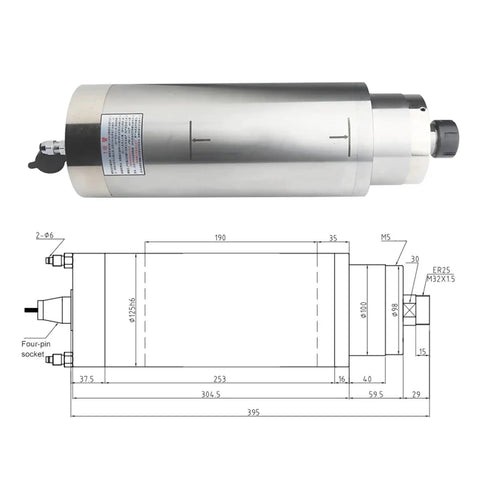 Beefy 7.5KW Water Cooled CNC Spindle Motor ER25 for Metal Milling and Engraving, 220V and 380V, D125mm with diagram
