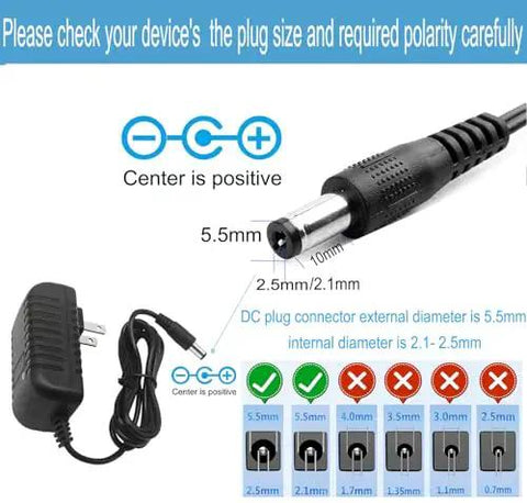 Illustration of Budget Friendly 24V DC 1A Power Supply Adapter For LED Strips And CCTV Cameras, 100-240V AC Input To 24V DC 24W, 5.5mm X 2.5mm Plug, showing plug measurements and compatibility options.
