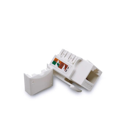 Five Pack Cat6 Keystone Jack Ethernet Wall Jack UL Listed Gold Plated RJ45 Contacts Color Coded For Easy Termination shown unassembled