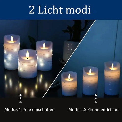 Sky Blue LED Flameless Candle Set With Embedded Starlight String, two lighting modes displayed side by side