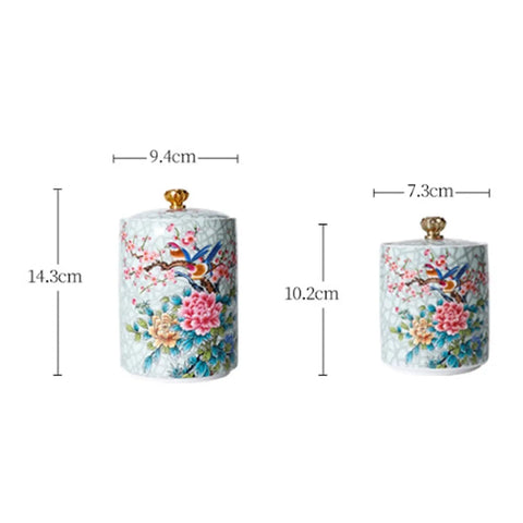 Premium Vintage Enamel Ceramic Tea Storage Jar Airtight Large Capacity Dry Food Canister with floral design, 14.3cm and 10.2cm sizes.