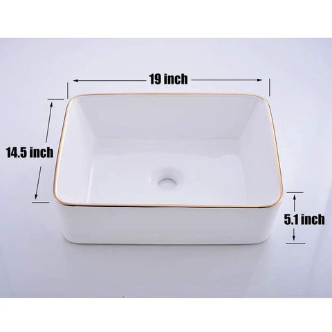 Modern White Vessel Sink For Bathroom Rectangular Porcelain Wash Basin 19x15 Inch Ceramic Lavatory Vanity Cabinet Easy Install Durable Glossy Finish Scratch Resistant Center Drain