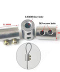Set Of 20 Upgraded Wire Rope Cable Clamps With 3.6mm Wire Hole, M3 Screw Mounts shown with dimensions and wire installation example