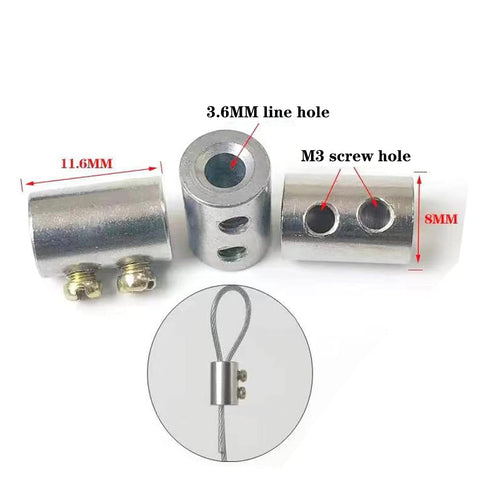 Set Of 20 Upgraded Wire Rope Cable Clamps With 3.6mm Wire Hole, M3 Screw Mounts shown with dimensions and wire installation example